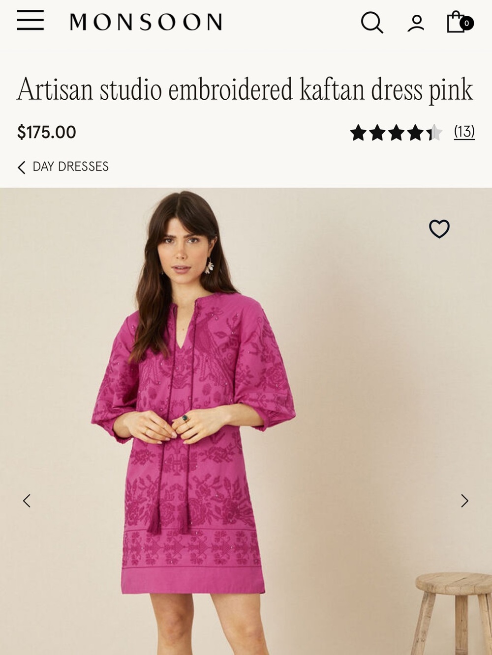 Monsoon Pink Embroidered Kaftan Dress small 100%organic cotton